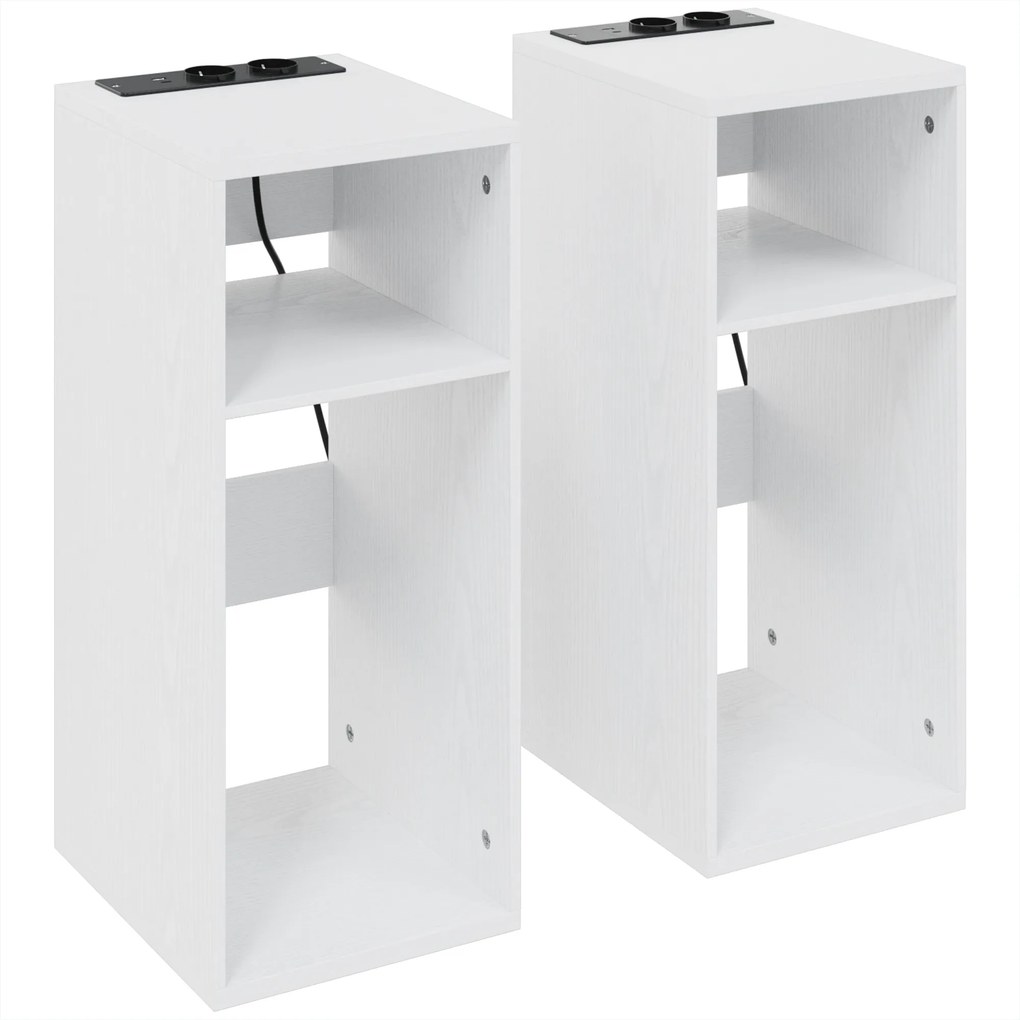 Conjunto de 2 Mesas de Apoio com Estação de Carregamento 2 Tomadas 2 Portas USB e 2 Espaços Abertos Branco