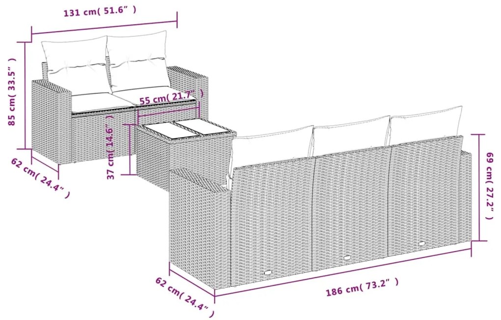 6 pcs conjunto sofás de jardim com almofadões vime cinzento