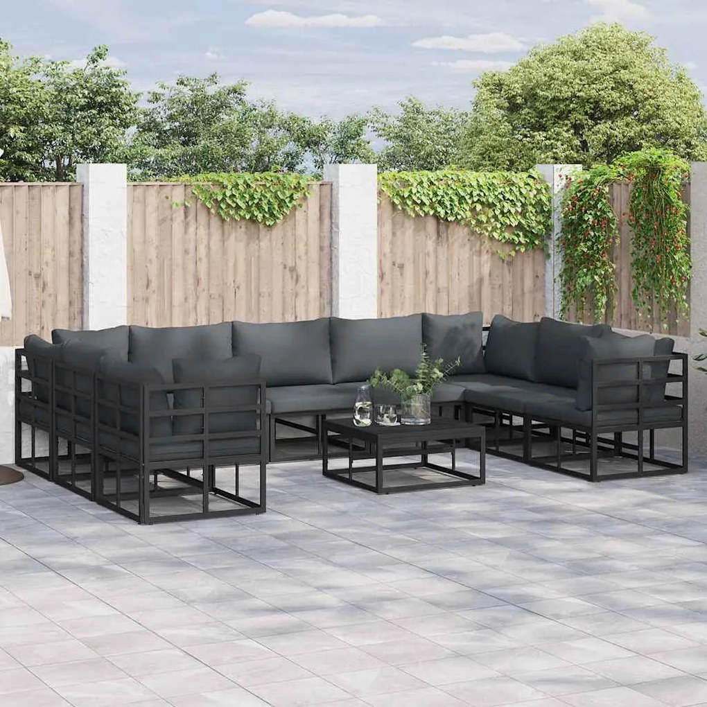 Conjunto de Sofá de Jardim com almofada 10 pcs Preto Alumínio