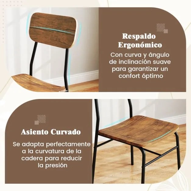 Conjunto de mesa e 2 cadeiras de jantar em madeira e metal preto e Castanho