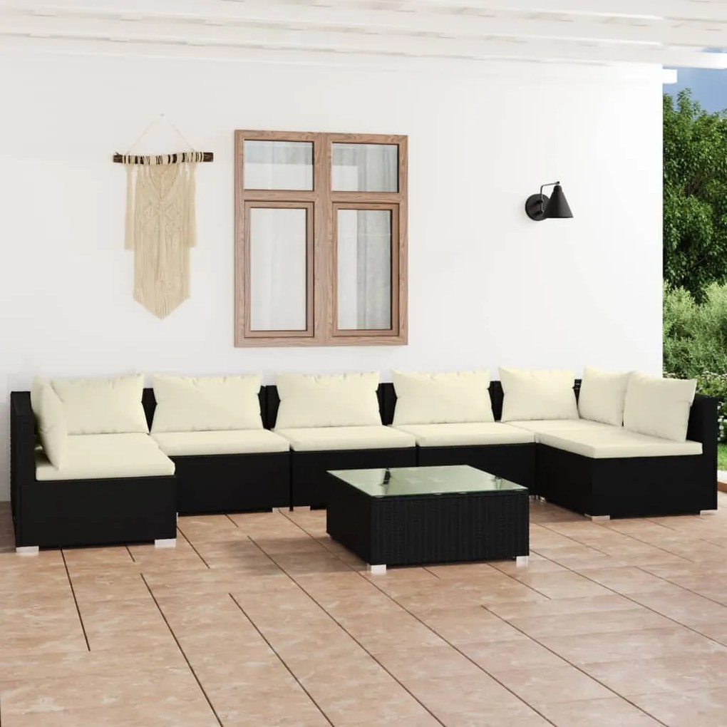 vidaXL 8 pcs conjunto lounge de jardim c/ almofadões vime PE preto