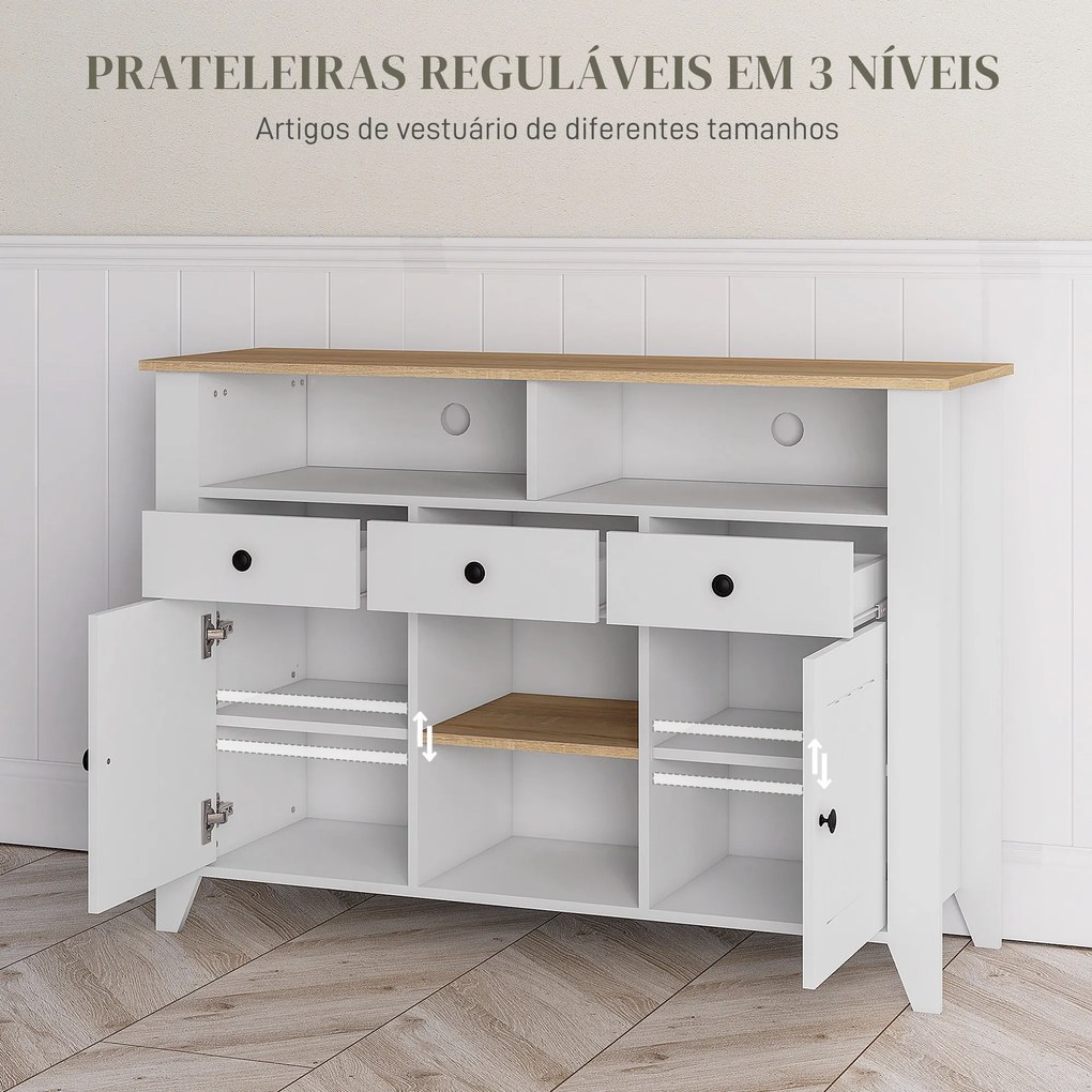 Aparador de Cozinha com 3 Gavetas 2 Armários 2 Prateleiras Abertas e 2 Prateleiras Ajustáveis Moderno 120x38x82 cm Branco