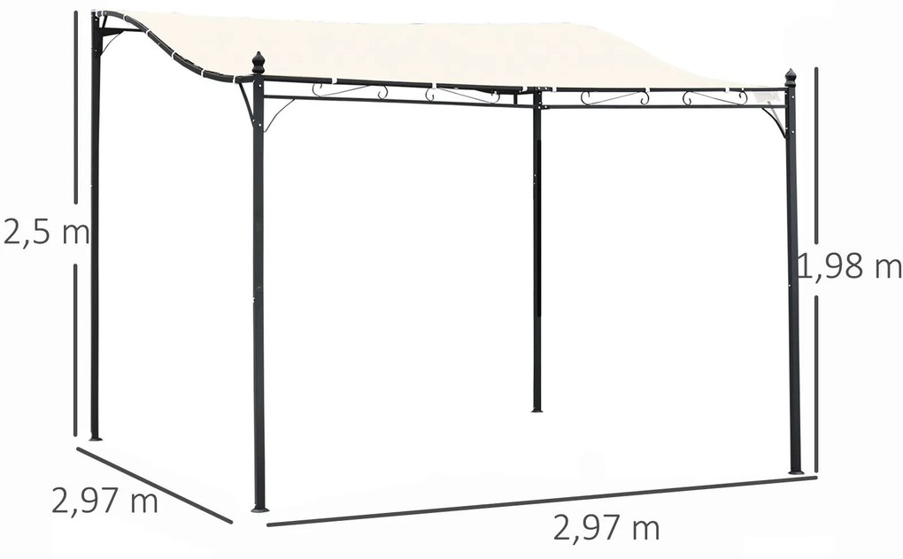 Pérgola de Jardim 3x3m Pérgola Montada na Parede com Toldo e 16 Orifícios de Drenagem Metal e Poliéster Creme