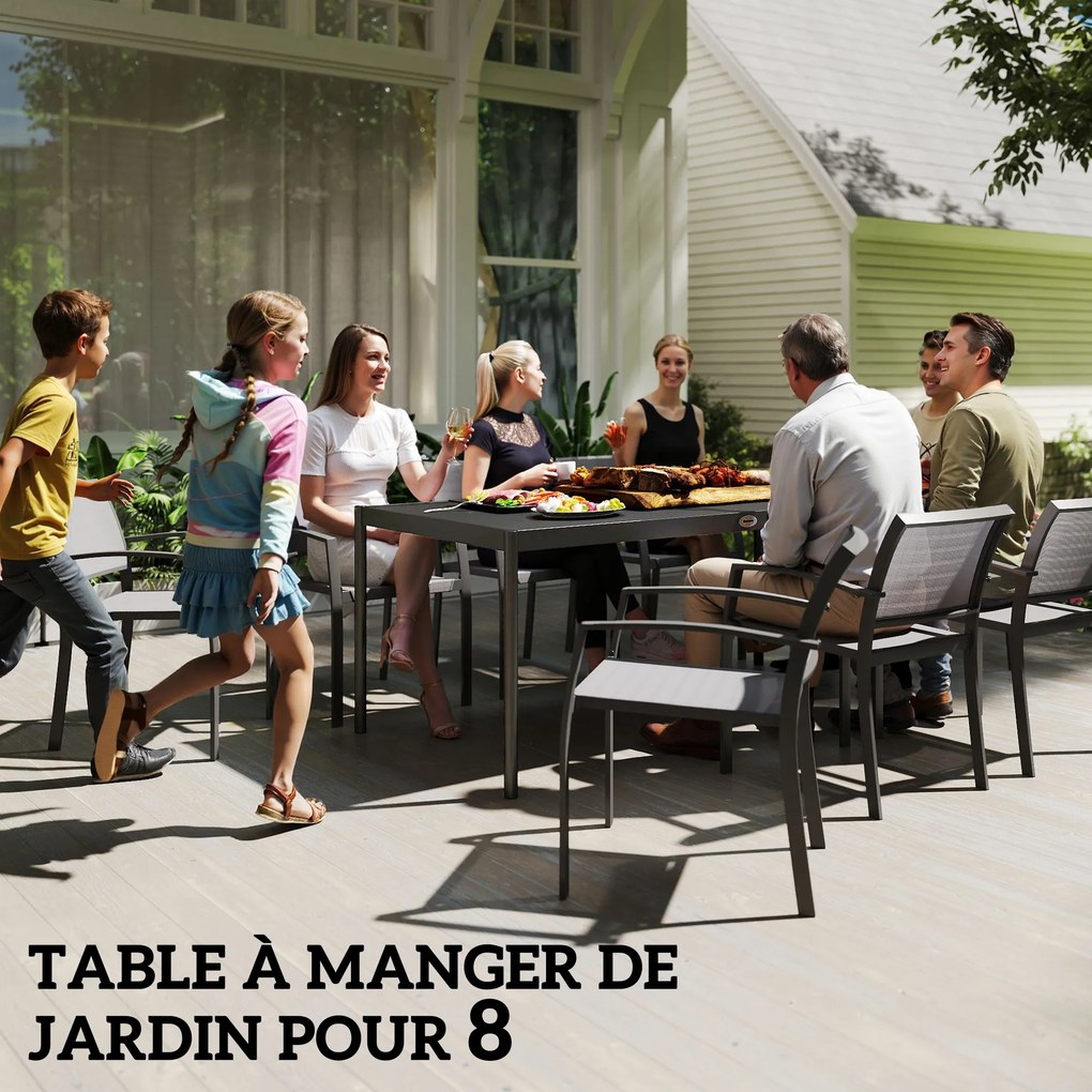 Mesa de jantar de jardim em aço 186 x 90 x 74 cm (CADEIRAS NÃO INCLUIDAS), mesa de jardim para 8 pessoas com tampo retangular em ripas, cinzento escur