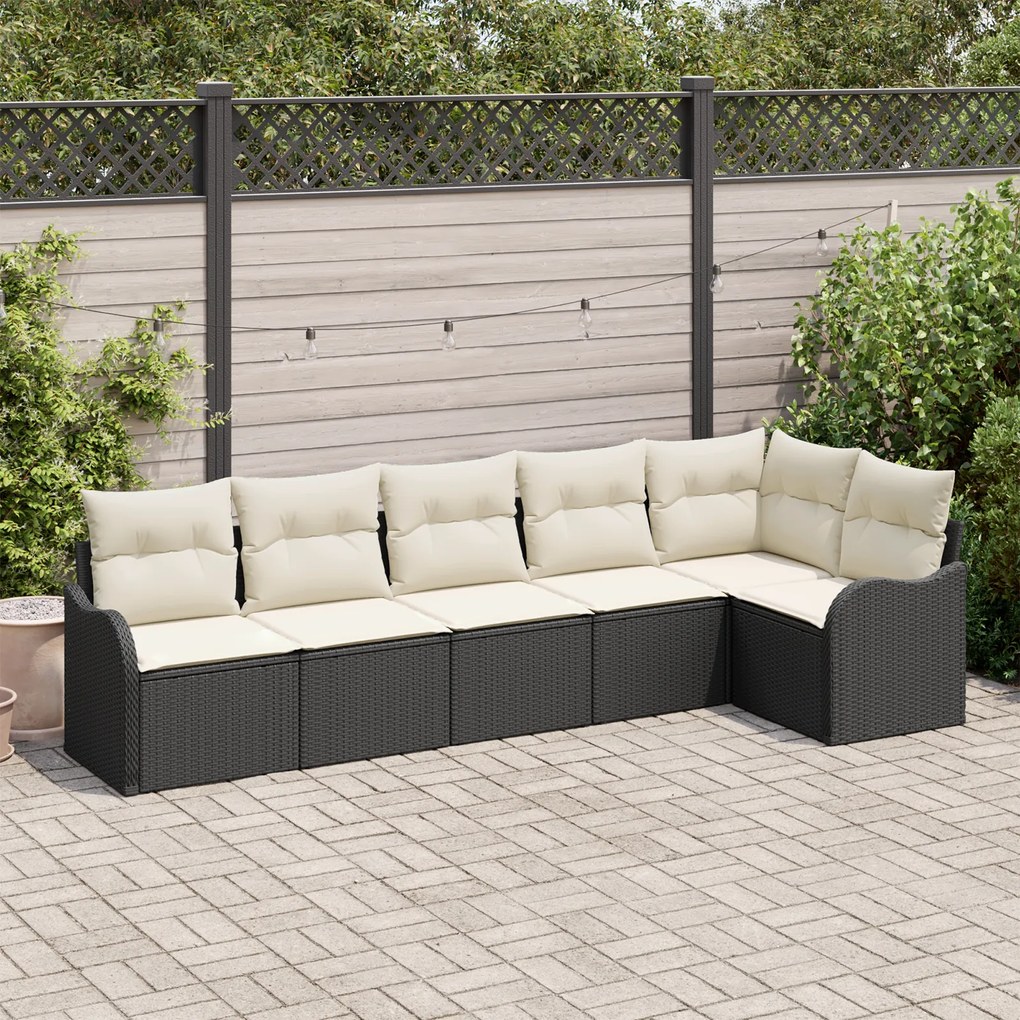 Conjunto de Sofá de Jardim de 6 Peças com Almofadas Preto Rattan Polié
