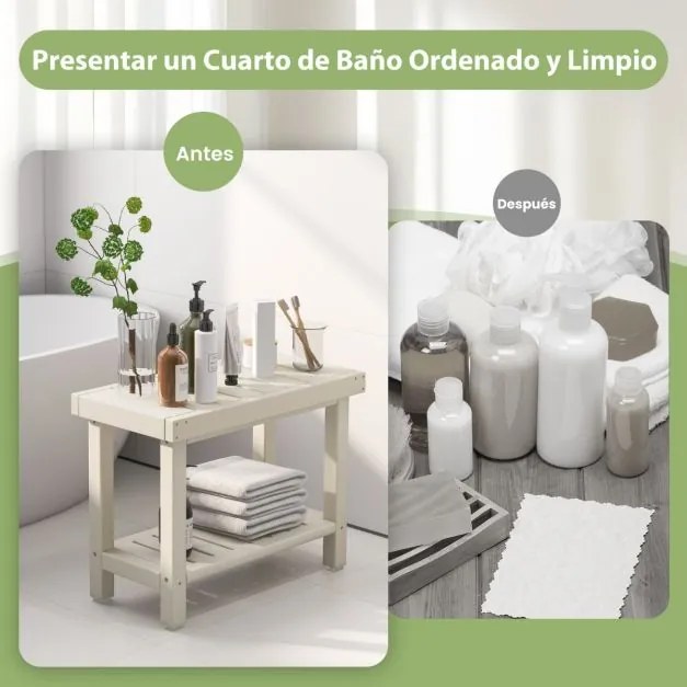 Banco de Casa de banho 61 x 31 x 49 cm  com prateleira de armazenamento Banco de duche impermeável Branco