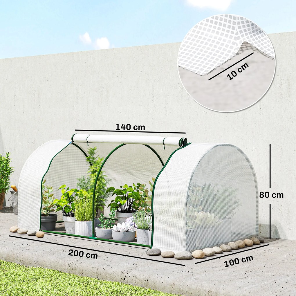 Estufa de jardim para legumes, 2 x 1 x 0,8 m, porta com fecho de correr, lona de PE, aço branco