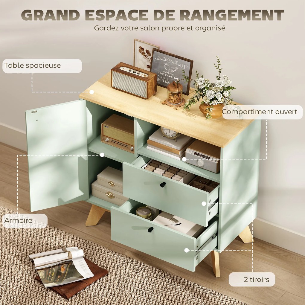 Aparador de sala 80 (L) x 35 (P) x 76,3 (A) cm, móvel de arrumação com porta, 2 gavetas, compartimento aberto e prateleira ajustável, verde claro e co
