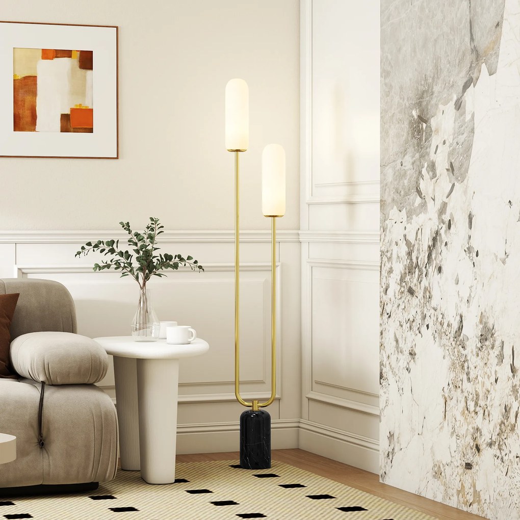 Candeeiro de pé para sala de estar com 2 abajures de vidro, base em mármore e interruptor de pé, branco