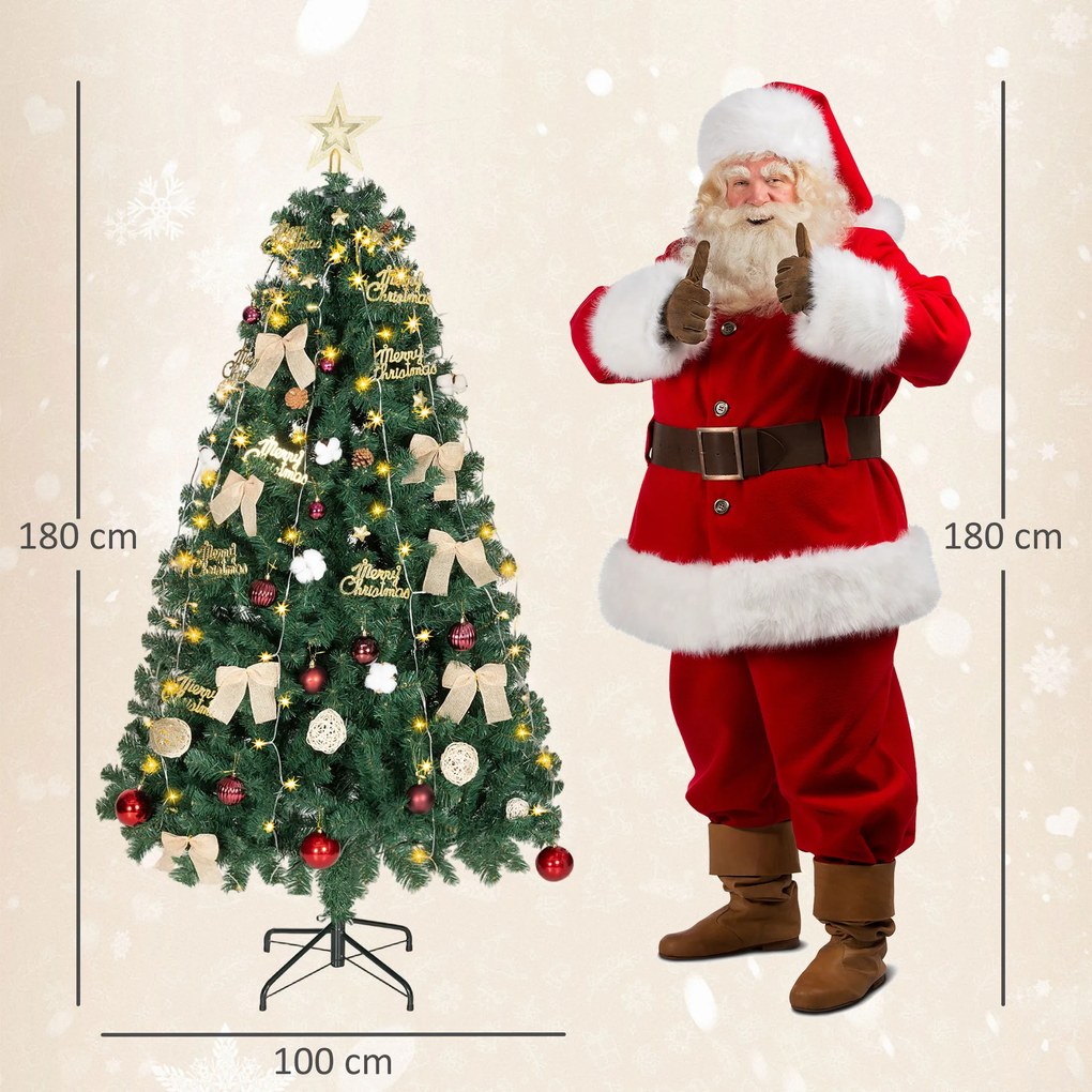 Árvore de Natal de 180 cm com Decorações 200 Luzes LED Branco Quente 8 Modos de Iluminação e 650 Ramos Verde