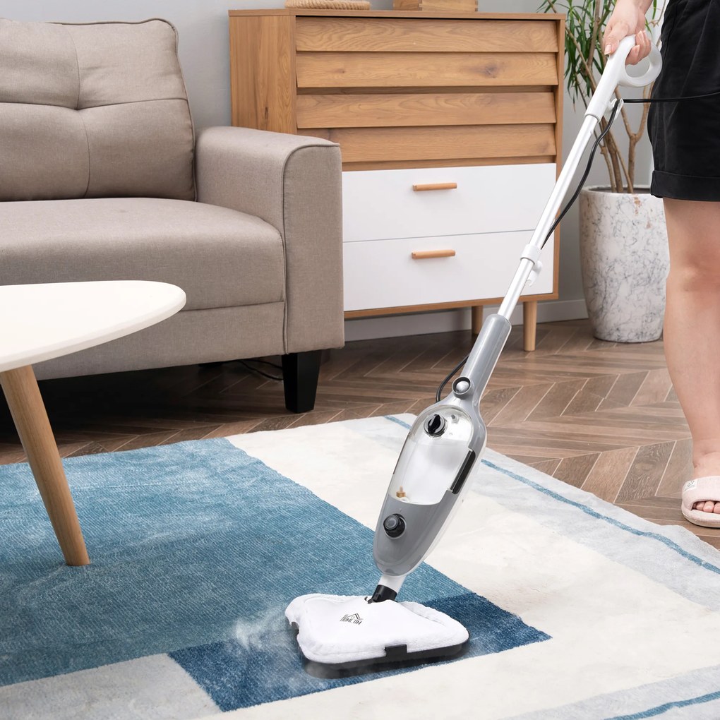 HOMCOM Mopa a Vapor 1300W Limpador a Vapor Multifuncional com Depósito de 450ml e 11 Acessórios Incluídos Aquecimento em 20-30 Segundos 28x21x112cm Cinza e Branco