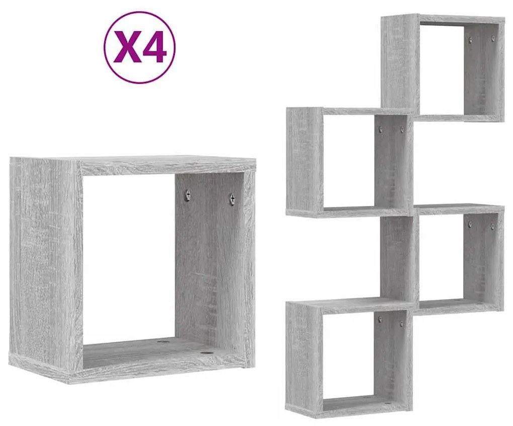 Prateleiras em Cubo 4 pcs Cinza Sonoma 26x15x26 cm em Madeira de Engen