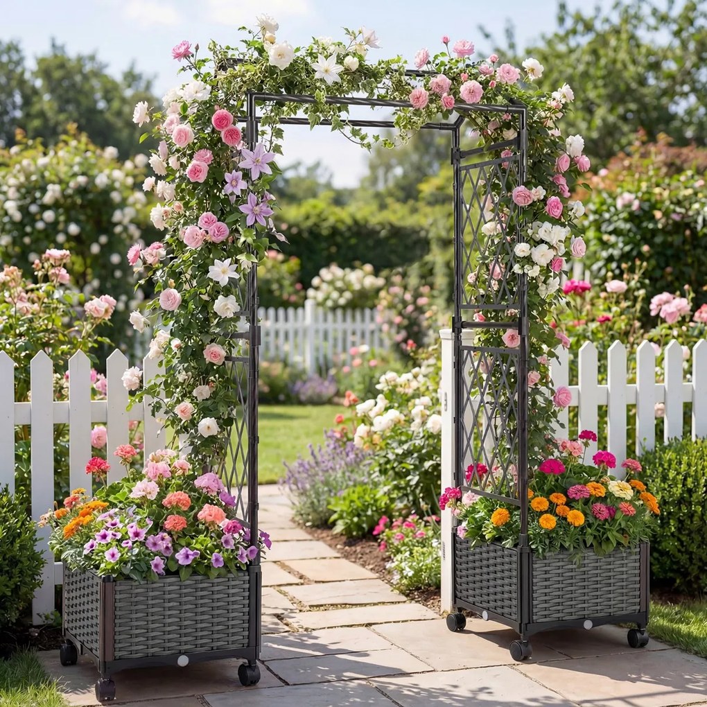 Floreira de jardim 81 x 40 x 162 cm com rega automática, com treliça e rodas bloqueáveis em rattan para plantas trepadeiras, tomates ou flores, cinza