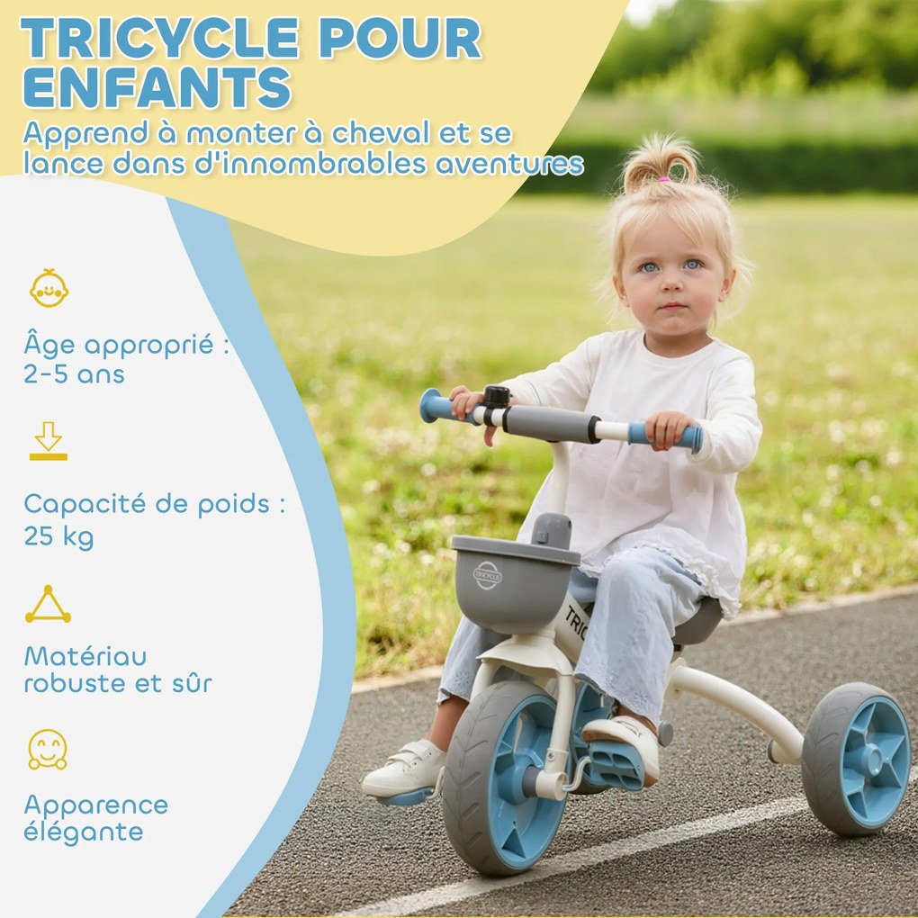Triciclo infantil ajustável, para crianças dos 2 aos 5 anos, com cesto à frente e rodas em EVA, 72 x 52 x 61 cm, azul
