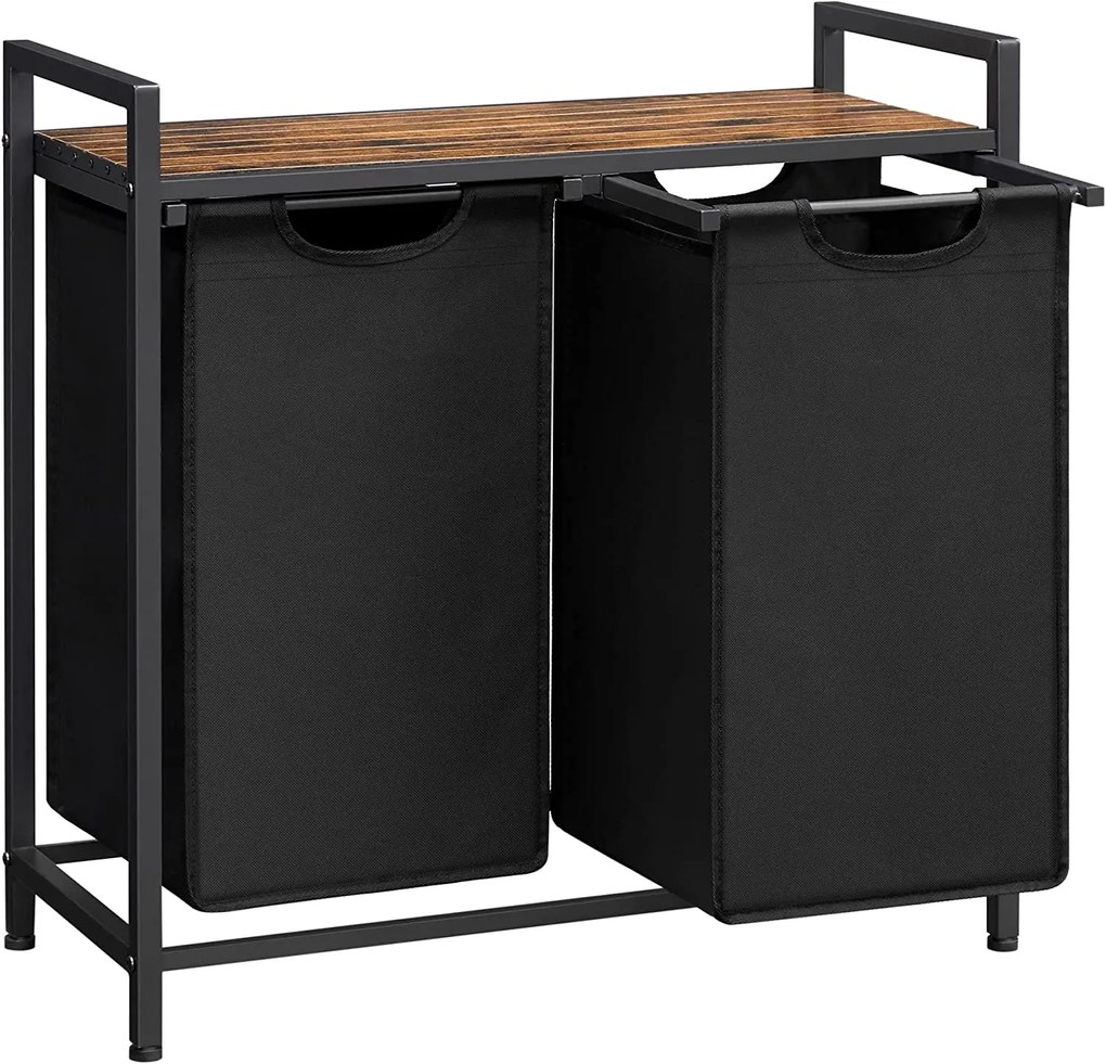 Cesto de roupa suja VASAGLE, Cesto de roupa suja, 2 sacos de roupa de tecido Oxford fáceis de estender e remover, estrutura de metal, 2 x 46 L, 73 x 33 x 72 cm, marrom rústico e preto BLH201B01V1