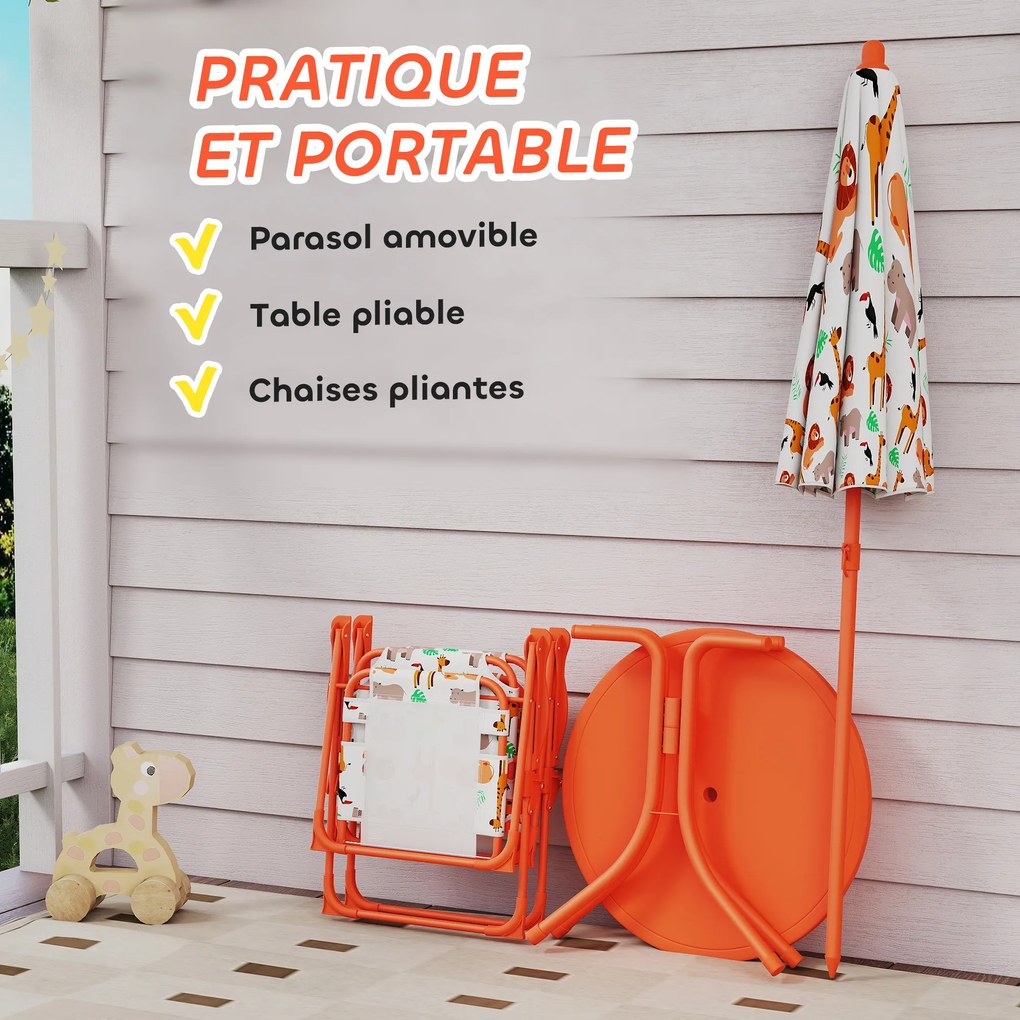 Conjunto de jardim infantil, mesa infantil com 2 cadeiras dobráveis e guarda-sol de Ø 100 cm, com motivos de animais, cor laranja