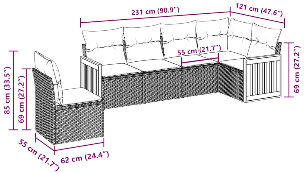 6 pcs conjunto sofás de jardim c/ almofadões vime PE preto