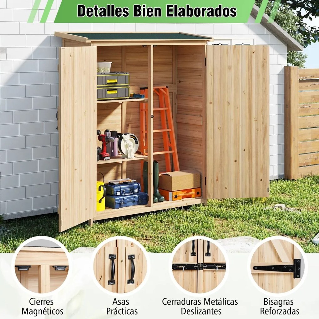 Abrigo de jardim com telhado inclinado Asfalto 140x51x163cm Madeira maciça Estantes removíveis Portas Fechadura Abrigo exterior Natural