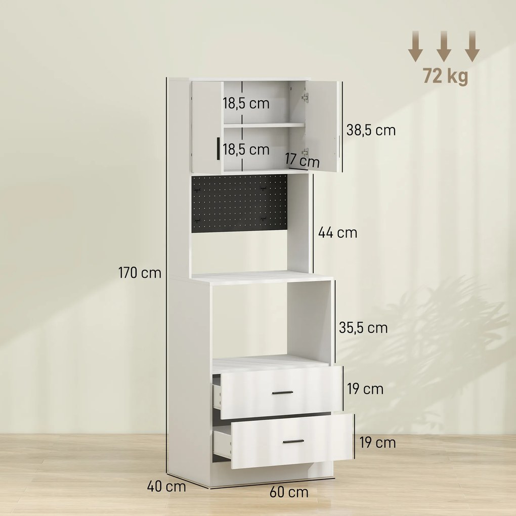 Móvel Auxiliar de Cozinha com Suporte para Micro-ondas 2 Gavetas 2 Portas e Painel Perfurado de Metal Branco