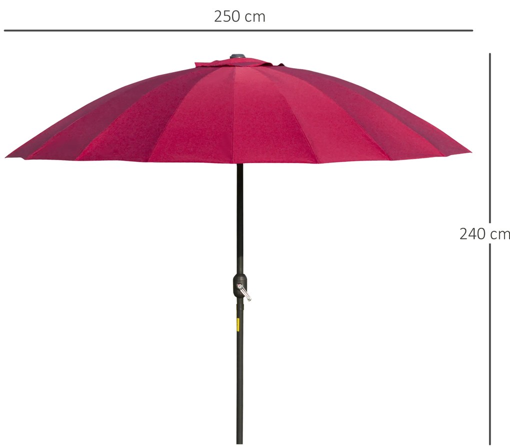 Chapéu de Sol de Jardim Ø2,5x2,4 m com Manivela Manual Mastro Flexível Impermeável e 18 Varas para Exterior Vinho