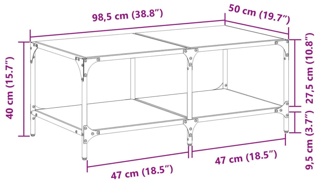 Mesa de centro com topo em vidro preto 98,5x50x40 cm aço