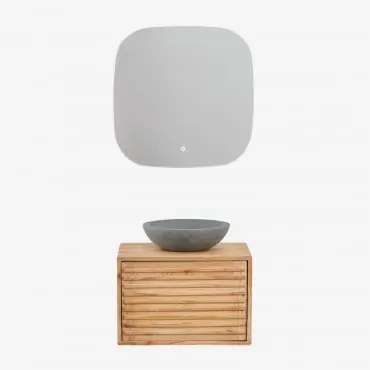 Conjunto De Móveis De Banheiro De Madeira Suspensos Deleyna Madeira Natural & Cimento Cinzento Redondo Ø40 Cm Tarsis & Quadrado - Sklum