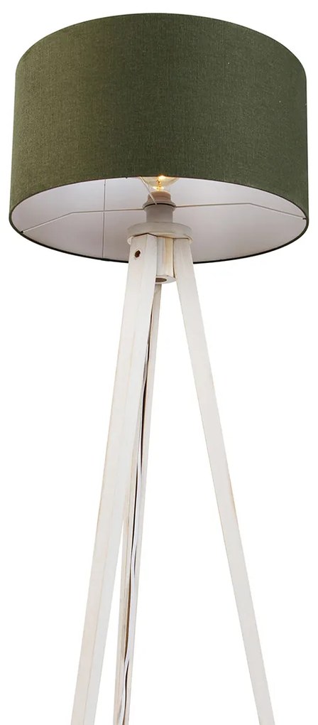 Candeeiro de pé tripé branco com abajur de tecido verde escuro 50cm - Tripod Classic Rústico ,Moderno