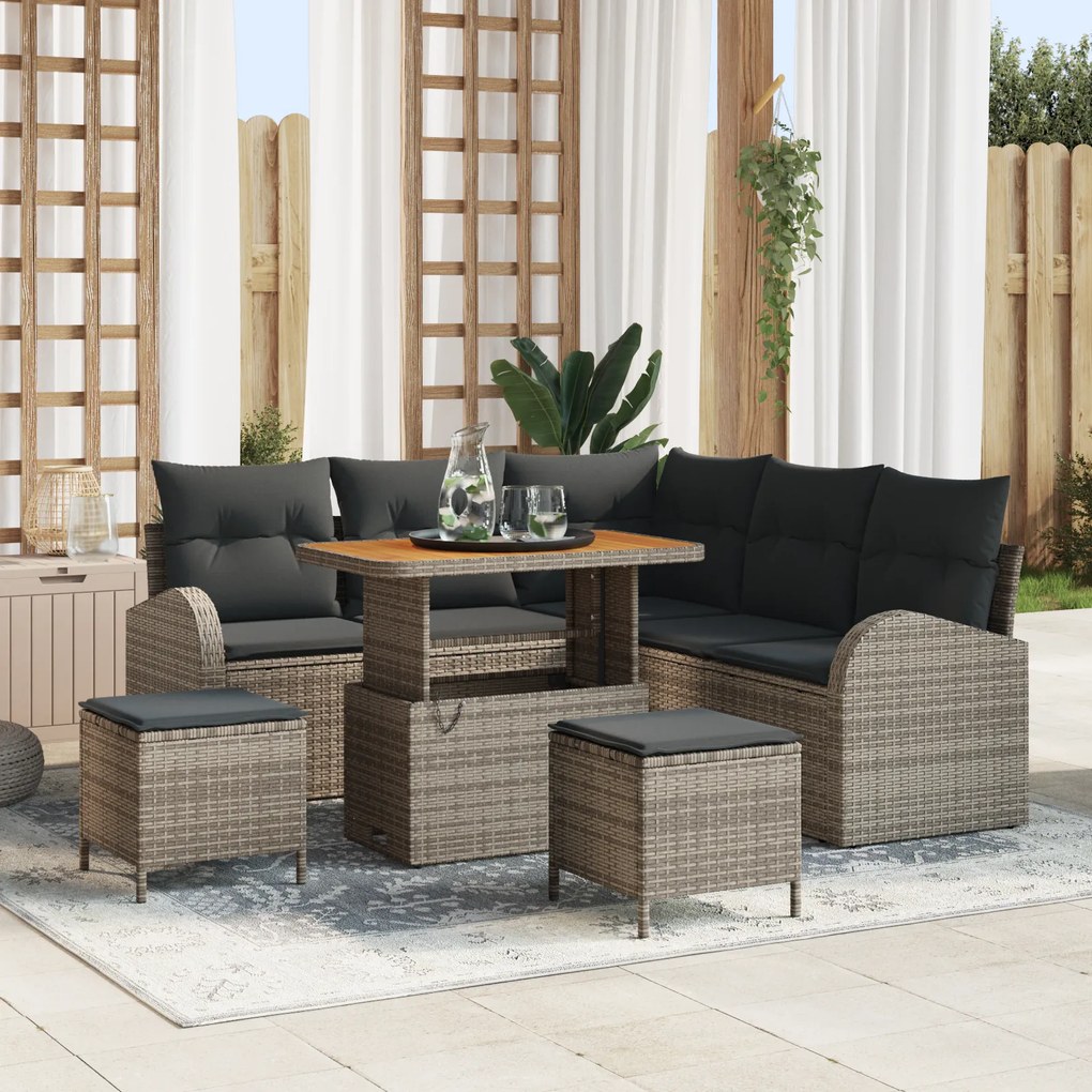 Conjunto de Sofá de Jardim de 8 Peças com Almofadas Cinza Ratan PE Acácia