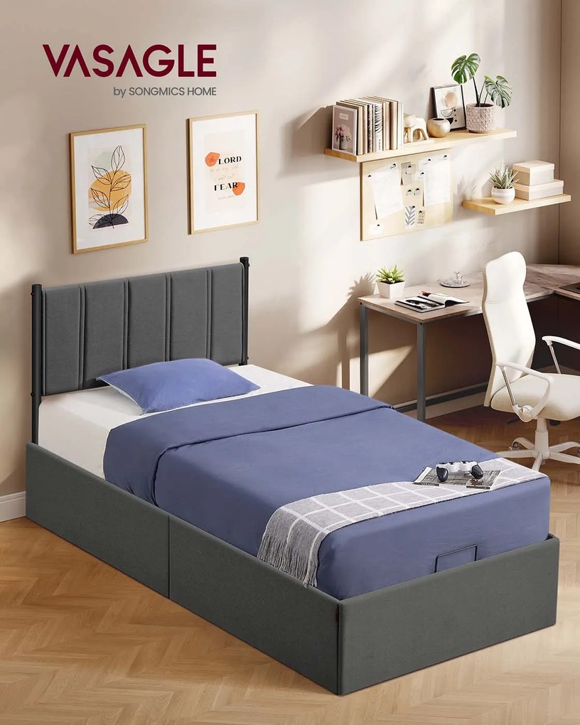 Estrutura de cama 90 x 200 cm com base de ripas rebatível (COLCHÃO NÃO INCLUÍDO) e arrumação debaixo da cama cinzento escuro