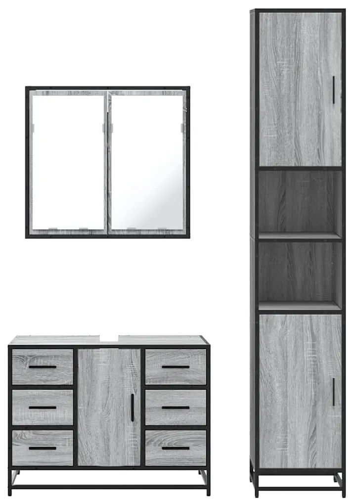 3 pcs Conjunto móveis casa de banho madeira proc. cinza sonoma