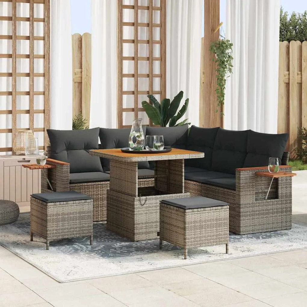 vidaXL Conjunto de Sofá de Jardim com 8 Peças e Almofadas Cinza Rattan Sintético Acácio