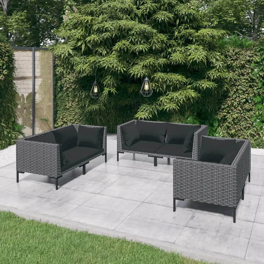 vidaXL 6 pcs conj. lounge jardim c/ almofadões vime PE cinzento-escuro