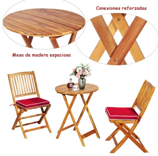 Conjunto 5 Peças Móveis Bistro de Madeira 2 Cadeiras com Almofada Mesa de Madeira de Acácia Mesa de Exterior Dobrável para Terraço Jardim Piscina Verm
