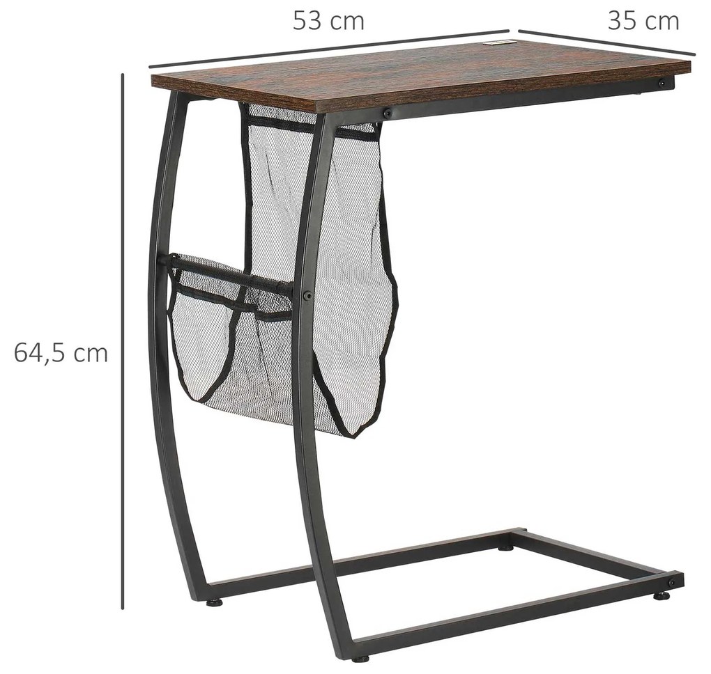 Mesa Auxiliar para Sofá e Cama em Forma de C com Bolso de Armazenamento Mesa Lateral de Estilo Industrial 53x35x64,5cm Marrom Rústico