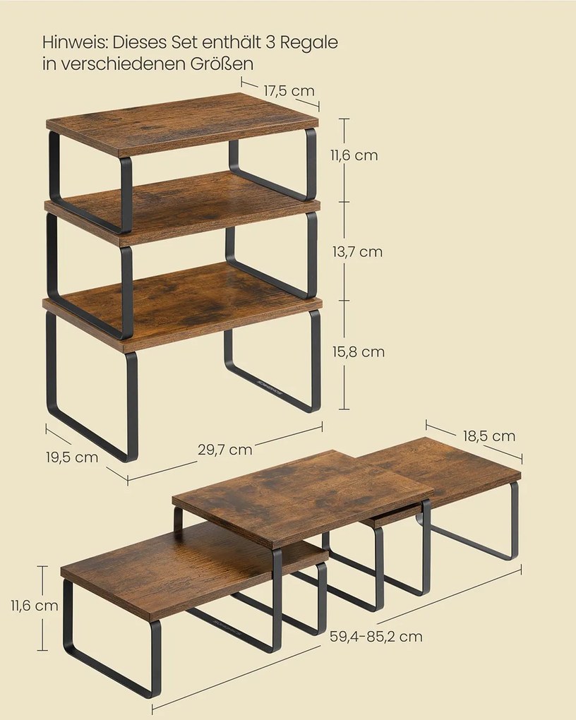 Conjunto de 3 prateleiras cozinha para especiarias empilháveis e extensíveis, castanho vintage-preto