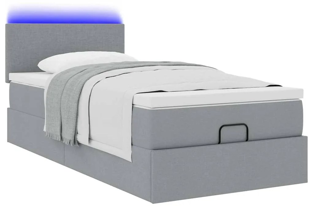 Cama Otomana com colchão & LEDs 90x200 cm tecido cinzento claro