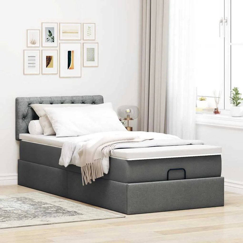 Cama otomana com colchão & LEDs 90x200cm tecido cinzento escuro
