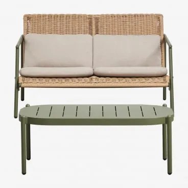 Conjunto De Jardim Com Sofá De 2 Lugares E Mesa De Centro Em Alumínio E Rattan Sintético Duroli Verde Azeitona Intenso - Sklum