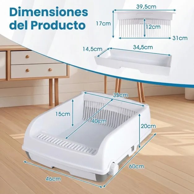 Caixa de areia semiautomática para gatos 60 x 46 x 24 cm com tampa aberta e laterais altas; banheira para gatos com tabuleiro tipo gaveta, branca