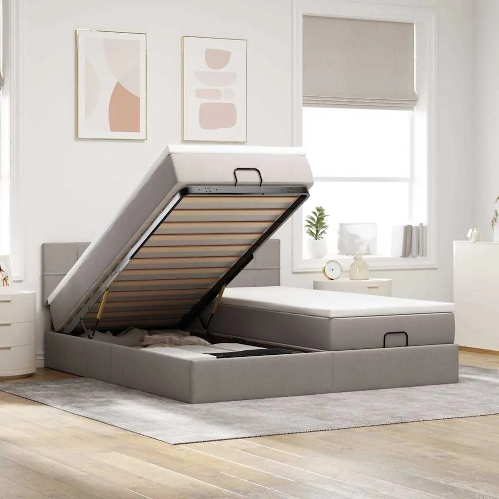 vidaXL Estrutura de cama otomana com colchões tecido cinzento