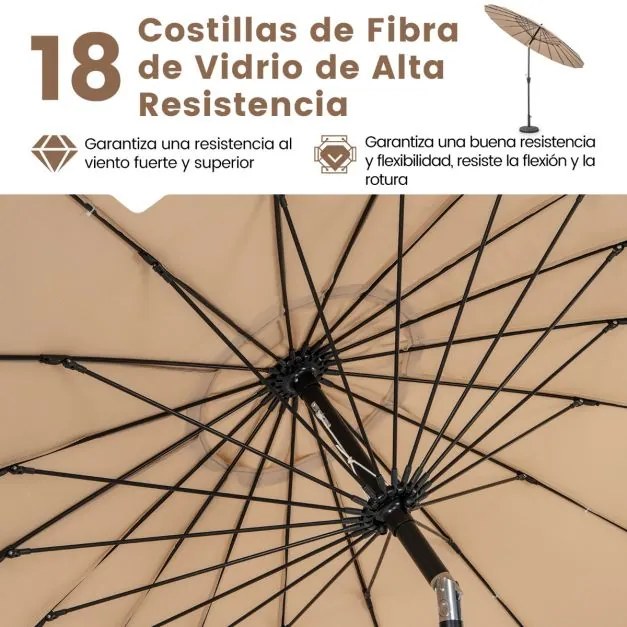 Guarda-sol redondo de 265 cm com 18 varas de fibra de vidro, botão de inclinação, manivela e toldo de alumínio para pátio ou piscina Café