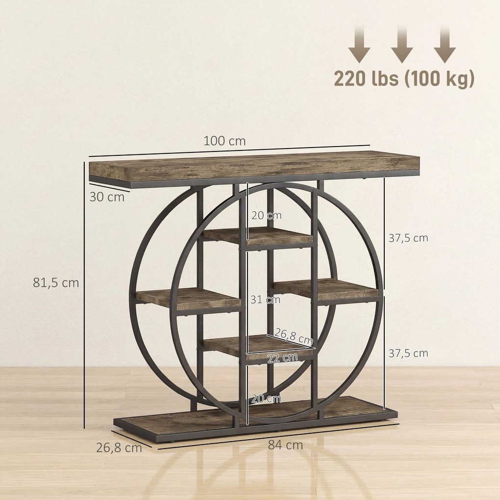 Mesa Consola de Entrada, 100 x 30 x 81,5 cm, 6 Prateleiras de Arrumação, Castanho Rústico