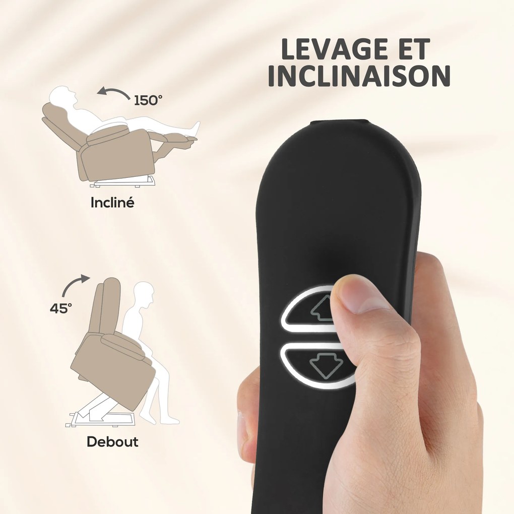 Poltrona elevatória elétrica com massagem e aquecimento, apoio para os pés, encosto reclinável, comando à distância e bolso lateral bege