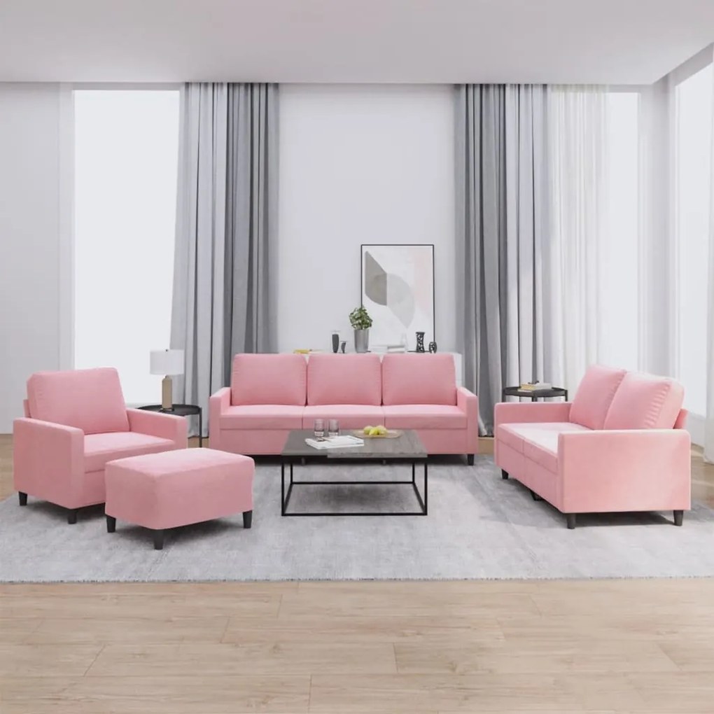 4 pcs conjunto de sofás com almofadões veludo rosa