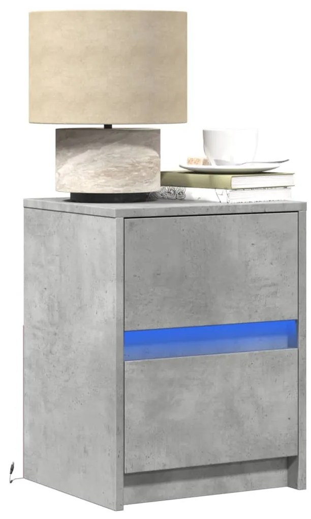 vidaXL Mesa de cabeceira c/ luzes LED derivados madeira cinza cimento