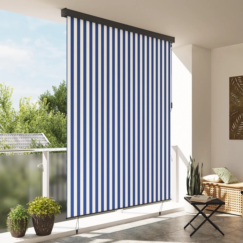 Cortina Rolô Exterior Riscas Manual Azul e branco 220 x 250 cm tecido