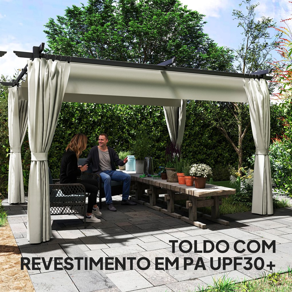 Pérgola com Teto Retrátil 3,9x3x2,2 m Paredes Laterais Tecido de Poliéster Anti UV Pérgola para Jardim Creme