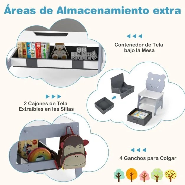 Conjunto de Mesa e 2 cadeiras infantil Secretária 5 em 1 com superfície reversível Quadro branco e preto 4 ganchos Compartimentos Cinzento