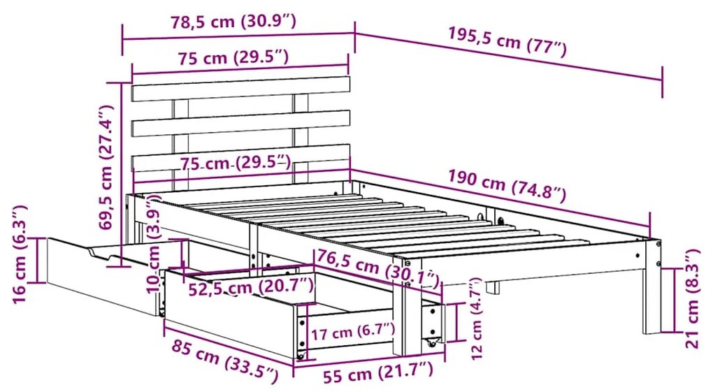 Estrutura de cama com gavetas 75x190 cm pinho maciço branco