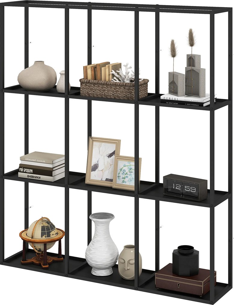Prateleira de parede industrial com 9 compartimentos 87,5 x 18 x 100 cm, prateleira modular em metal para objetos de coleção, preta